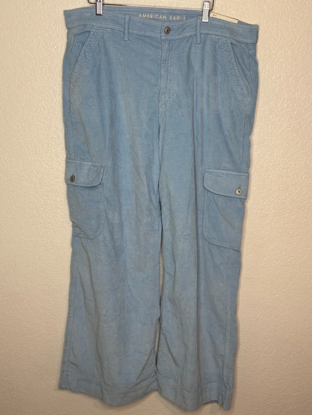 American Eagle Baby Blue Corduroy Wide Leg Cargo Pants Size 18 NWT - Picture 2 of 6